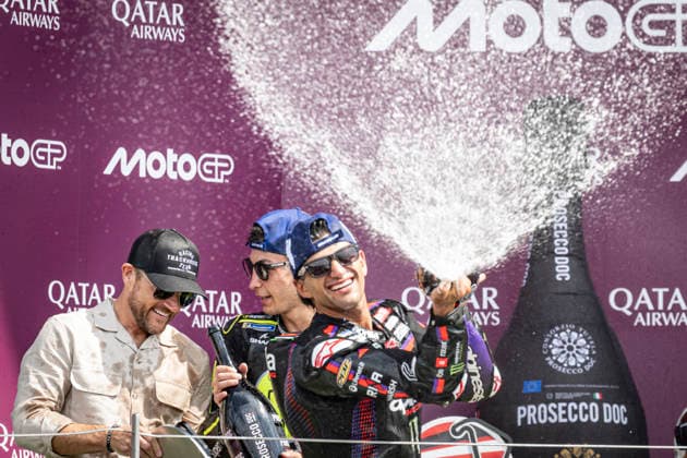 RECORD DATE NOT STATED 9th August 2026; Silverstone Circuit, Northamptonshire, England; 2026 MotoGP Grand Prix of Great Britain, Race Day; Raul Fernandez of the Superfile Trackhouse Team celebrates on the podium after winning the Qatar Airways British Grand Prix MotoGP and sprays Prosecco GodfreyxPitt