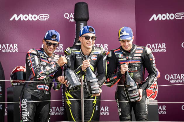 RECORD DATE NOT STATED 9th August 2026; Silverstone Circuit, Northamptonshire, England; 2026 MotoGP Grand Prix of Great Britain, Race Day; Raul Fernandez of the Superfile Trackhouse Team celebrates on the podium after winning the Qatar Airways British Grand Prix MotoGP with Jorge Martin of the Aprilia Racing Team in second and Marco Bezzecchi of the Aprilia Racing Team in third GodfreyxPitt