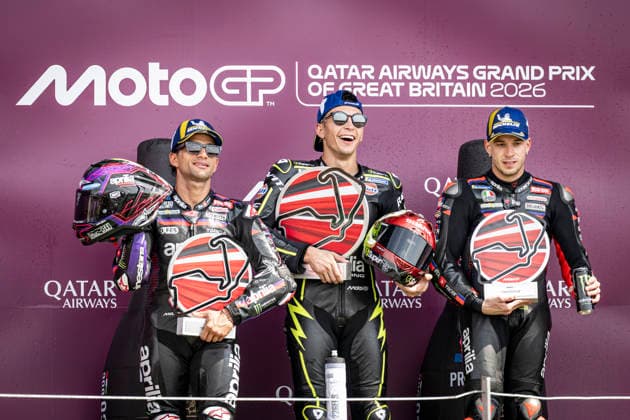 RECORD DATE NOT STATED 9th August 2026; Silverstone Circuit, Northamptonshire, England; 2026 MotoGP Grand Prix of Great Britain, Race Day; Raul Fernandez of the Superfile Trackhouse Team celebrates on the podium after winning the Qatar Airways British Grand Prix MotoGP with Jorge Martin of the Aprilia Racing Team in second and Marco Bezzecchi of the Aprilia Racing Team in third GodfreyxPitt