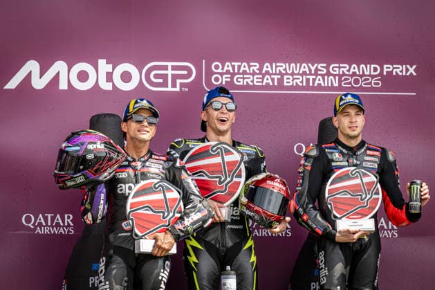 RECORD DATE NOT STATED 9th August 2026; Silverstone Circuit, Northamptonshire, England; 2026 MotoGP Grand Prix of Great Britain, Race Day; Raul Fernandez of the Superfile Trackhouse Team celebrates on the podium after winning the Qatar Airways British Grand Prix MotoGP with Jorge Martin of the Aprilia Racing Team in second and Marco Bezzecchi of the Aprilia Racing Team in third GodfreyxPitt