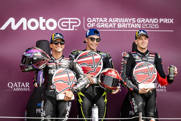 RECORD DATE NOT STATED 9th August 2026; Silverstone Circuit, Northamptonshire, England; 2026 MotoGP Grand Prix of Great Britain, Race Day; Raul Fernandez of the Superfile Trackhouse Team celebrates on the podium after winning the Qatar Airways British Grand Prix MotoGP with Jorge Martin of the Aprilia Racing Team in second and Marco Bezzecchi of the Aprilia Racing Team in third GodfreyxPitt