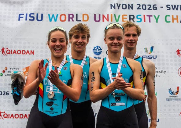 August 9, 2026, Nyon, Vaud, Switzerland: Nyon Switzerland, 08 09 2026: The Belgian team wins the medal at the championship during FISU World University Championship Triathlon Nyon 2026 (International University Sports Federation). The NyonTriathlon is the final of the FISU World University Triathlon Championship which also the 37th edition and took place at Nyon in Vaud in Switzerland. FISU World University Championship Triathlon Nyon 2026  - ZUMAd206 20260809_zip_d206_019 Copyright: xEricxDubostx