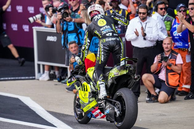 Raul Fernandez (Spain) of the SuperFile Trackhouse MotoGP Team ( 25) celebrates after winning the MotoGP Race at Round 12 of the 2026 Qatar Airways Grand Prix of Great Britain at Silverstone Circuit, Towcester, England on the 9 August 2026.  Copyright: xDavidxHornx PMI-7310-0288