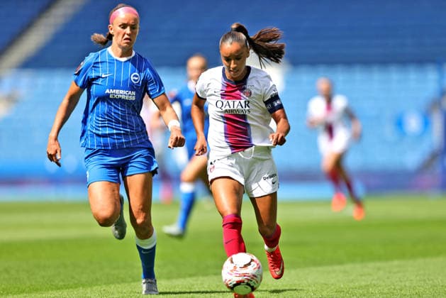 Brighton and Hove Albion Women v Paris Saint-Germain Women Pre-Season Friendly Caitlin Hayes of Brighton and Hove Albion Women and Sakina Karchaoui of Paris Saint-Germain Women during the Pre-Season Friendly match at the American Express Stadium, Brighton and Hove 09 08 2026 UK Newspapers OUT Copyright: xNeilxHolmesx FIL-23742-0025