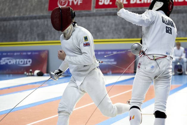 2026 European Senior Modern pentathlon, moderner Fünfkampf Championship in Istanbul ISTANBUL, TURKIYE - AUGUST 9: Dominik Olejarz (R) of Germany competes against Ross Charlton (L) of United Kingdom during the fencing stage of the 2026 European Senior Modern Pentathlon Championship at Burhan Felek Sports Complex in Istanbul, Turkiye on August 9, 2026. Arife Karakum Anadolu Istanbul Turkey. Editorial use only. Please get in touch for any other usage.  Copyright: x2026xAnadoluxArifexKarakumx