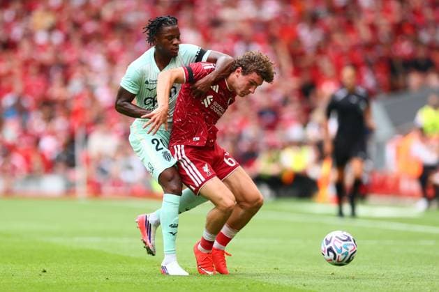 Flavio Nazinho of Monaco and Lewis Koumas of Liverpool Liverpool v Monaco, Pre Season Friendly, Football, Anfield, Liverpool, UK - 09 Aug 2026Liverpool Anfield United Kingdom EDITORIAL USE ONLY No use with unauthorised audio, video, data, fixture lists, club league logos or live services. Online in-match use limited to 120 images, no video emulation. No use in betting, games or single club league player publications.  Copyright: xPaulxCurrie Shutterstockx 17051142cz
