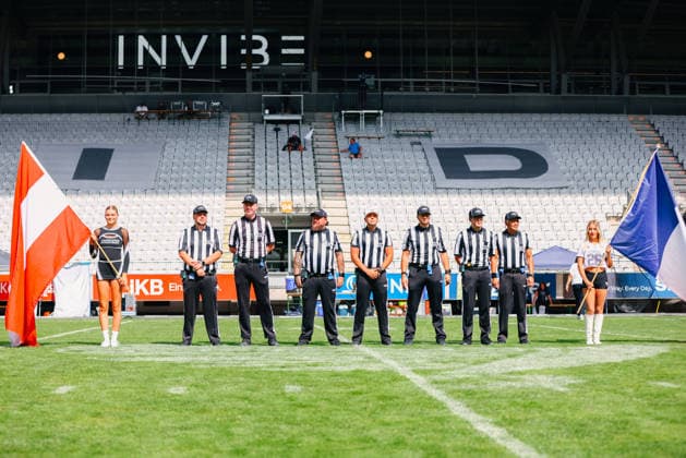 AMERICAN FOOTBALL - EFA, Raiders vs Musketeers INNSBRUCK,AUSTRIA,09.AUG.26 - AMERICAN FOOTBALL - EFA, Raiders Tirol vs Paris Musketeers. Image shows game officials during the pre-game ceremony  GEPAxpictures xOleskiixMarusyk