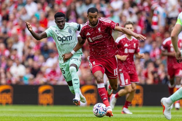 Football - Pre-Season Friendly - Liverpool FC v AS Monaco LIVERPOOL, ENGLAND - Saturday, August 8, 2026: Liverpool s Cody Gakpo is challenged by Monaco s Lamine Camara (L) during a pre-season friendly match between Liverpool FC and AS Monaco FC at Anfield. (Photo by David Rawcliffe Propaganda) LIVERPOOL Anfield MERSEYSIDE ENGLAND  Copyright: xDavidxRawcliffex P2026-08-09-Liverpool_Monaco-97