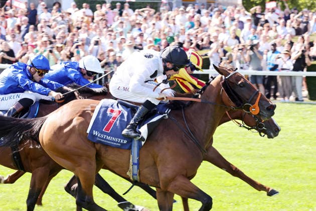 09.08.2026, Hoppegarten, Brandenburg, GER - Tiffany mit Luke Morris gewinnt den 136. Grossen Preis von Berlin. Galopprennbahn Hoppegarten. () 260809D717HOPPEGARTEN.JPG *** August 9, 2026, Hoppegarten, Brandenburg, GER Tiffany, ridden by Luke Morris, wins the 136th Berlin Grand Prix at the Hoppegarten Racetrack 260809D717HOPPEGARTEN JPG