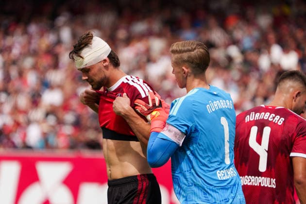 Fynn Otto (1. FC Nuernberg, 20) und Jan Reichert (1. FC Nuernberg, 01), GER, 1. FC Nuernberg vs. Dynamo Dresden, Fussball, 2. Bundesliga, 1. Spieltag, Saison 2026 2027, 09.08.2026, DFL REGULATIONS PROHIBIT ANY USE OF PHOTOGRAPHS AS IMAGE SEQUENCES AND OR QUASI-VIDEO, GER, 1. FC Nuernberg vs. Dynamo Dresden, Fussball, 2. Bundesliga, 1. Spieltag, Saison 2026 2027, 09.08.2026, Nuernberg *** Fynn Otto, 1. FC Nuremberg, 20, and Jan Reichert, 1. FC Nuremberg, 01, GER, 1. FC Nuremberg vs. Dynamo Dresden, Soccer, 2. Bundesliga, Matchday 1, 2026–2027 Season, August 9, 2026, DFL regulations prohibit any use of photographs as image sequences and or quasi-video, GER, 1. FC Nuremberg vs. Dynamo Dresden, soccer, 2. Bundesliga, Matchday 1, 2026–2027 Season, August 9, 2026, Nuremberg Copyright: xEibner-Pressefoto MaxxVogelx EP_MVL