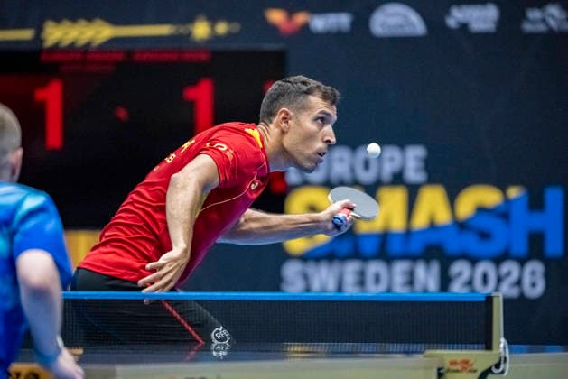 MALMÖ 2026-08-09 Alvaro Robles of Spain serves against Nikita Artemenko of Russia in the second qualifying round of the WTT Europe Smash Sweden 2026 Table tennis, Tischtennis tournament at Baltiska Hallen in Malmö, Sweden, on August 9, 2026. MALMÖ SWEDEN x50090x *** MALMÖ, August 9, 2026 — Alvaro Robles of Spain serves against Nikita Artemenko of Russia in the second qualifying round of the WTT Europe Smash Sweden 2026 table tennis tournament at Baltiska Hallen in Malmö, Sweden, on August 9, 2026 MALMÖ SWEDEN x50090x  Copyright: xJohanxNilssonx xTTx EUROPE SMASH SWEDEN 2026