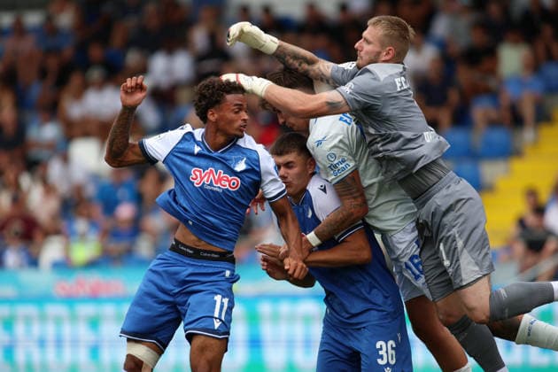 Gerangel, v.li.Jykesse Fields (TSG Hoffenheim II, 11),Jakov Dedic (TSG Hoffenheim II, 36), Lukas Wallner (FC Hansa Rostock, 16),Luca Unbehaun (FC Hansa Rostock, 1) GER, TSG Hoffenheim II - Hansa Rostock Fussball 1.Spieltag Spielzeit 2026 2027 3.Liga 09.08.2026 (DFL DFB REGULATIONS PROHIBIT ANY USE OF PHOTOGRAPHS as IMAGE SEQUENCES and or QUASI-VIDEO). GER TSG Hoffenheim II - Hansa Rostock Fussball 1.Spieltag Spielzeit 2026 2027 09.08.2026 Hoffenheim *** Scramble, from left: Jykesse Fields (TSG Hoffenheim II), 11; Jakov Dedic (TSG Hoffenheim II), 36; Lukas Wallner (FC Hansa Rostock), 16; Luca Unbehaun (FC Hansa Rostock), 1 (GER), TSG Hoffenheim II vs. Hansa Rostock Soccer Matchday 1, 2026–2027 Season, 3rd Division, September 8, 2026. DFL and DFB regulations prohibit any use of photographs as image sequences and or quasi-videoVIDEO GER TSG Hoffenheim II Hansa Rostock Soccer Matchday 1 Season 2026–2027 August 9, 2026 Hoffenheim Copyright: xEibner-Pressefoto JoergxHirschx EP_JHH