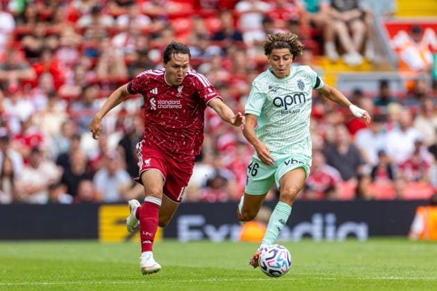 Football - Pre-Season Friendly - Liverpool FC v AS Monaco LIVERPOOL, ENGLAND - Saturday, August 8, 2026: Liverpool s Federico Chiesa is challenged by Monaco s Anis Soubeir (R) during a pre-season friendly match between Liverpool FC and AS Monaco FC at Anfield. (Photo by David Rawcliffe Propaganda) LIVERPOOL Anfield MERSEYSIDE ENGLAND  Copyright: xDavidxRawcliffex P2026-08-09-Liverpool_Monaco-140