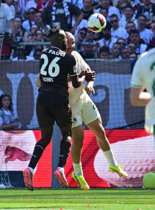 08.08.2026,GER Fußball, Männer, 2.BL, Spieltag 1, Saison 2026 2027, Hamburg, FC St. Pauli vs SpVgg Greuther Fürth Ricky-Jade Jones (Pauli 26) verletzt sich beim Kopfball mit Jannis Heuer (Fürth 22) DFB DFL regulations prohibit any use of photographs as image sequences and or quasi-video) Hamburg Millerntorstadion Hamburg Deutschland *** August 8, 2026, German Soccer, Men s, 2nd Division, Matchday 1, 2026–2027 Season, Hamburg, FC St. Pauli vs. SpVgg Greuther Fürth: Ricky Jade Jones (Pauli, 26) is injured during a header duel with Jannis Heuer (Fürth, 22). DFB and DFL regulations prohibit any use of photographs as image sequences and or quasi-video. Hamburg Millerntorstadion, Hamburg, Germany Copyright: xnordphotoxGmbH xWitkex