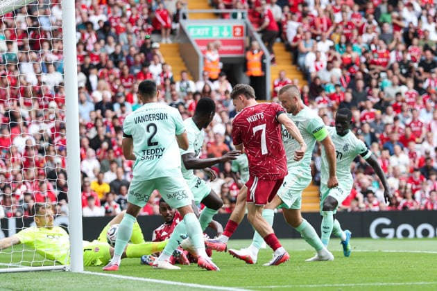 Liverpool FC v AS Monaco - Pre-Season Friendly Florian Wirtz of Liverpool shoots and scores to make it 2-0 during the pre-season friendly match between Liverpool and Monaco at Anfield in Liverpool, United Kingdom. Liverpool Merseyside United Kingdom  Copyright: xNewsxImagesx originalFilename:cosgrove-preseaso260809_np5F2.jpg