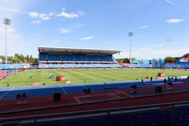 BIRMINGHAM, GREAT BRITAIN - August 9: General view from inside the Alexander Stadium a day before the European Athletics Championships 2026 at Alexander Stadium in Birmingham, Great Britain (Photo by Sven Beyrich Sports Press Photo)  Copyright: xSvenxBeyrich SportsxPressxPhotox Sportspressphoto_SPR203027