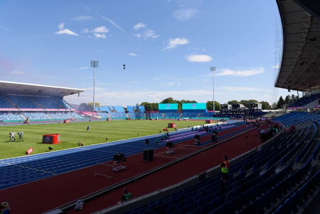 BIRMINGHAM, GREAT BRITAIN - August 9: General view from inside the Alexander Stadium a day before the European Athletics Championships 2026 at Alexander Stadium in Birmingham, Great Britain (Photo by Sven Beyrich Sports Press Photo)  Copyright: xSvenxBeyrich SportsxPressxPhotox Sportspressphoto_SPR203028