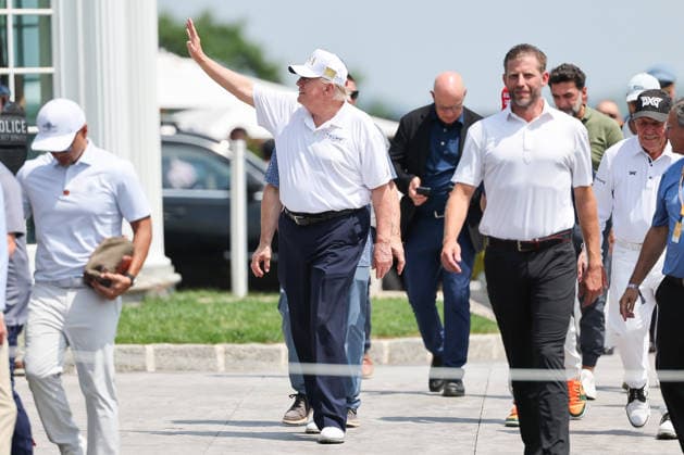 BEDMINSTER, NJ - AUGUST 09: President Donald Trump walks on his golf course at Bedminster during the forth round of LIV Golf New York on August 9, 2026 at Trump National Golf Club in Bedminster, New Jersey. (Photo by Andrew Mordzynski Icon Sportswire) GOLF: AUG 09 LIV Golf New York EDITORIAL USE ONLY Icon2608098173333
