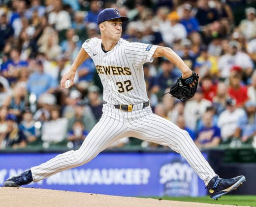 Milwaukee Brewers starting pitcher Jacob Misiorowski throws in the first inning of the MLB, Baseball Herren, USA game between the Minnesota Twins and the Milwaukee Brewers at American Family Field in Milwaukee, Wisconsin on Sunday, August 9, 2026.  MIL20260809801 TANNENxMAURY