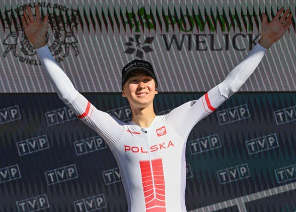83rd Tour De Pologne 2026 - Stage 7 WIELICZKA, POLAND - AUGUST 09: Filip Gruszczynski of Poland and Polish national team, Nationalteam celebrates at podium as best polish rider prize winner during the 83rd Tour de Pologne 2026, Stage 7 a 12.5km individual time trial stage from Wieliczka to Wieliczka UCIWT on August 09, 2026 in Wieliczka, Poland. Wieliczka Poland  Copyright: xArturxWidakx originalFilename:widak-83rdtour260809_npRaw.jpg