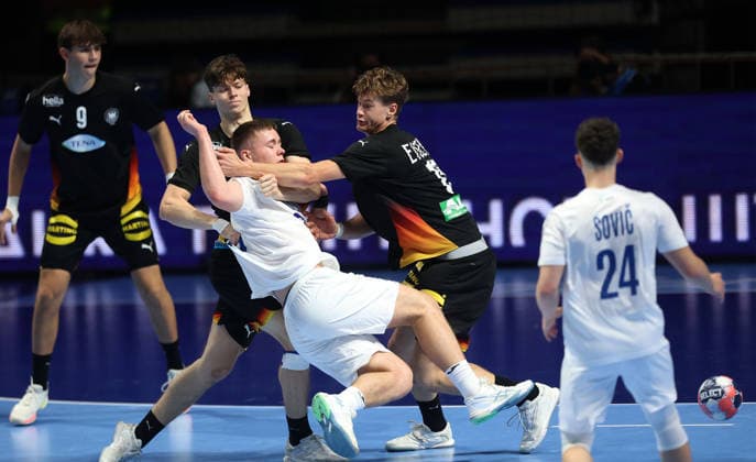 09.08.2026 Belgrade Germany-Slovenia European U18 men s handball championship final tournament final match Kalle Gaugisch(L),Julius Eisend(3L) Germany stopped Luka Kresal (2L) Slovenia :