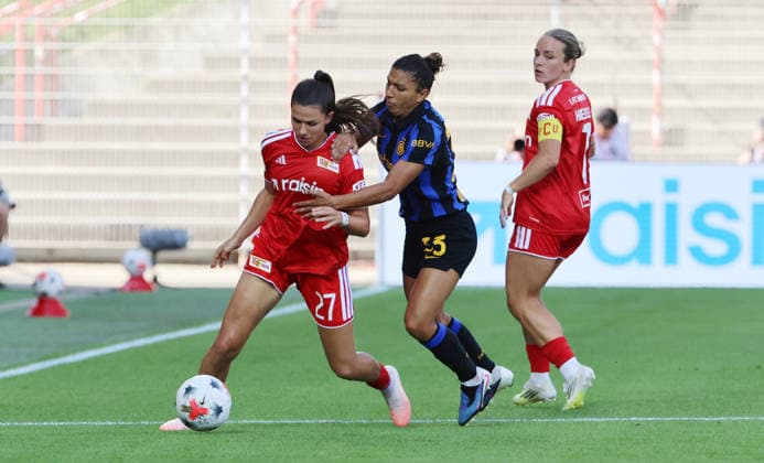 Leela Egli, Elisa Bartoli, Lisa Heiseler Zweikampf Spielszene Aktion Fußball Fussball Testspiel Frauen Damen Bundesliga Saison 2026 2027 09.08.2026 1.FC Union Berlin FCU vs Inter Mailand DFL regulations prohibit any use of photographs as image sequences and or quasi-video *** Leela Egli, Elisa Bartoli, Lisa Heiseler, one-on-one, game scene, action, sports, soccer, women s soccer, friendly match, Women s Bundesliga, 2026–2027 season, September 8, 2026, 1. FC Union Berlin (FCU) vs. Inter Milan. DFL regulations prohibit any use of photographs as image sequences and or quasi-video.