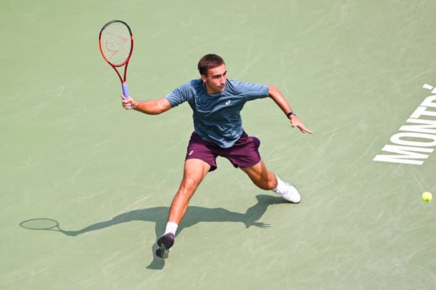 MONTREAL, QC - AUGUST 09: Daniel Merida (ESP) returns the ball during a fourth round match at National Bank Open on August 09, 2026 at IGA Stadium in Montreal, QC (Photo by David Kirouac Icon Sportswire) TENNIS: AUG 09 National Bank Open EDITORIAL USE ONLY Icon26080901126