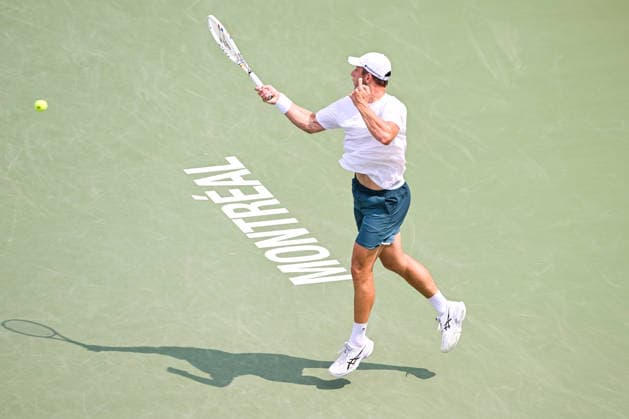 MONTREAL, QC - AUGUST 09: Tallon Griekspoor (NED) returns the ball during a fourth round match at National Bank Open on August 09, 2026 at IGA Stadium in Montreal, QC (Photo by David Kirouac Icon Sportswire) TENNIS: AUG 09 National Bank Open EDITORIAL USE ONLY Icon26080901326