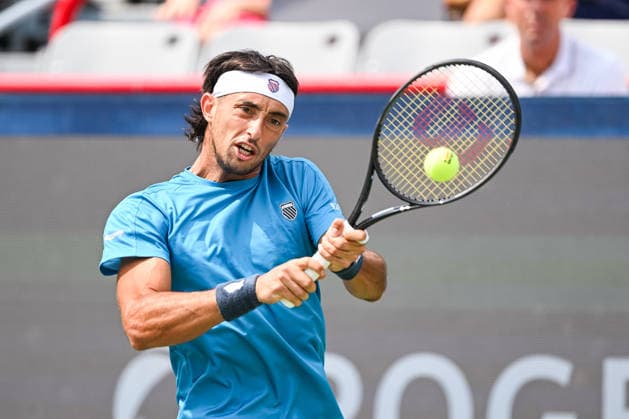 MONTREAL, QC - AUGUST 09: Thiago Augustin Tirante (ARG) returns the ball during a fourth round match at National Bank Open on August 09, 2026 at IGA Stadium in Montreal, QC (Photo by David Kirouac Icon Sportswire) TENNIS: AUG 09 National Bank Open EDITORIAL USE ONLY Icon26080901726