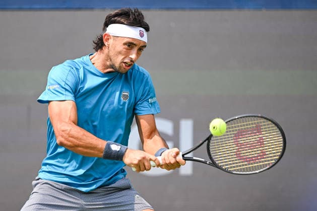 MONTREAL, QC - AUGUST 09: Thiago Augustin Tirante (ARG) returns the ball during a fourth round match at National Bank Open on August 09, 2026 at IGA Stadium in Montreal, QC (Photo by David Kirouac Icon Sportswire) TENNIS: AUG 09 National Bank Open EDITORIAL USE ONLY Icon26080901926