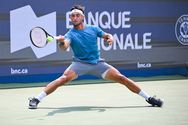 MONTREAL, QC - AUGUST 09: Thiago Augustin Tirante (ARG) returns the ball during a fourth round match at National Bank Open on August 09, 2026 at IGA Stadium in Montreal, QC (Photo by David Kirouac Icon Sportswire) TENNIS: AUG 09 National Bank Open EDITORIAL USE ONLY Icon26080904226