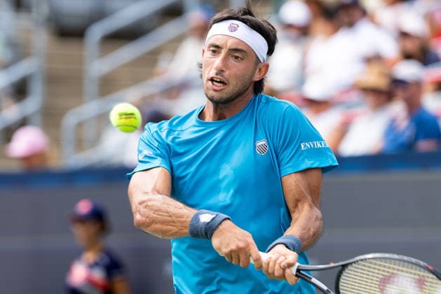 August 9, 2026, Montreal, Quebec, Canada: THIAGO AUGUSTIN TIRANTE from Argentina backhand in match against Learner Tien (12) from USA in round of 16 at Canadian Open at IGA stadium in Montreal, Quebec, Canada on 2026-08-09 TENNIS: Canadian Open Montreal 2026  - ZUMAl189 20260809_zsp_l189_048 Copyright: xYannickxLegarex