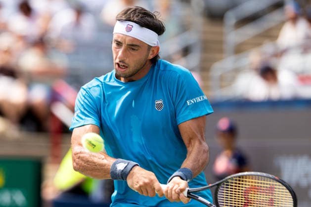 August 9, 2026, Montreal, Quebec, Canada: THIAGO AUGUSTIN TIRANTE from Argentina backhand in match against Learner Tien (12) from USA in round of 16 at Canadian Open at IGA stadium in Montreal, Quebec, Canada on 2026-08-09 TENNIS: Canadian Open Montreal 2026  - ZUMAl189 20260809_zsp_l189_070 Copyright: xYannickxLegarex