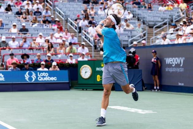 August 9, 2026, Montreal, Quebec, Canada: THIAGO AUGUSTIN TIRANTE from Argentina backhand in match against Learner Tien (12) from USA in round of 16 at Canadian Open at IGA stadium in Montreal, Quebec, Canada on 2026-08-09 Montreal Canada - ZUMAl189 20260809_zsp_l189_076 Copyright: xYannickxLegarex