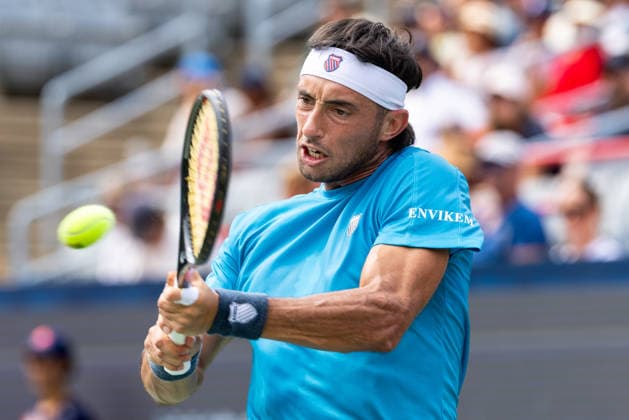 August 9, 2026, Montreal, Quebec, Canada: THIAGO AUGUSTIN TIRANTE from Argentina backhand in match against Learner Tien (12) from USA in round of 16 at Canadian Open at IGA stadium in Montreal, Quebec, Canada on 2026-08-09 Montreal Canada - ZUMAl189 20260809_zsp_l189_078 Copyright: xYannickxLegarex