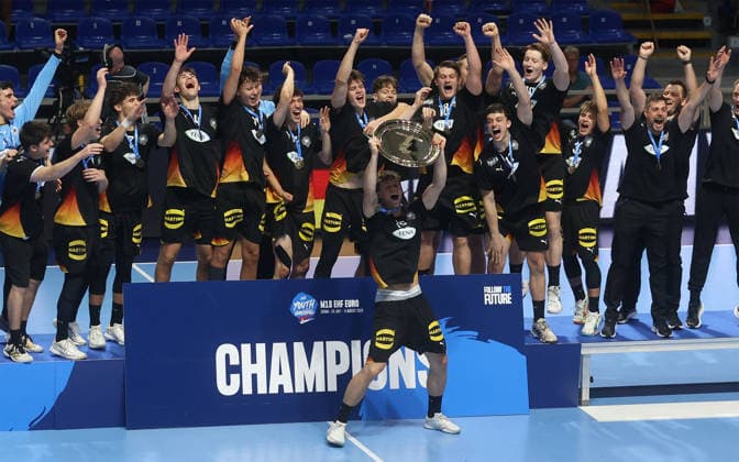 09.08.2026 Belgrade Germany-Slovenia European U18 men s handball championship final tournament final match Germany players celebrate Euro champion title :