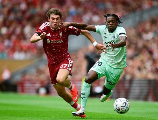 Liverpool v AS Monaco Pre-Season Friendly Liverpool s Lewis Loumas battles for the ball with Monaco™s Flavio Nazinho during the Pre-Season Friendly match at Anfield, Liverpool 09 08 2026 UK Newspapers OUT Copyright: xChrisxNuttonx FIL-23743-0085