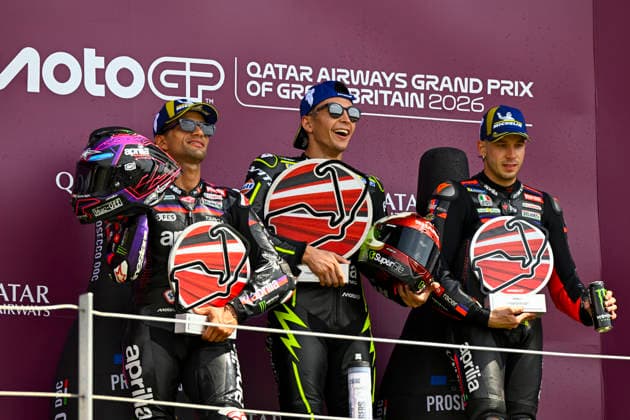 MOTO - MOTO GP - BRITISH GRAND PRIX 2026 FERNANDEZ Raul (spa), Trackhouse MotoGP Team, Aprilia RS-GP26, podium, portrait with MARTIN Jorge (spa), Aprilia Racing, Aprilia RS-GP26 and BEZZECCHI Marco (ita), Aprilia Racing, Aprilia RS-GP26 during the 2026 Qatar Airways Grand Prix of Great Britain on the Silverstone Circuit from August 7 to 9, 2026, in Silverstone, United Kingdom - SilverstoneUnited Kingdom  Copyright: xGIGIxSOLDANOx