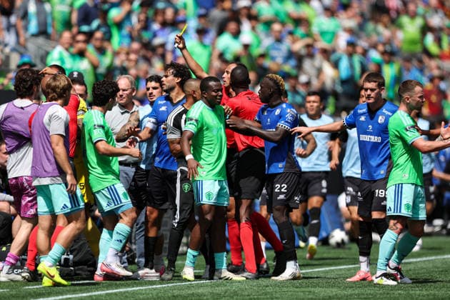 SEATTLE, WA - AUGUST 09: Players argue during a Leagues Cup match between Queretaro and the Seattle Sounders on August 9, 2026 at Lumen Field in Seattle, Washington. (Photo by Henry Rodenburg Icon Sportswire) SOCCER: AUG 09 Leagues Cup Seattle vs Queretaro EDITORIAL USE ONLY Icon26080904