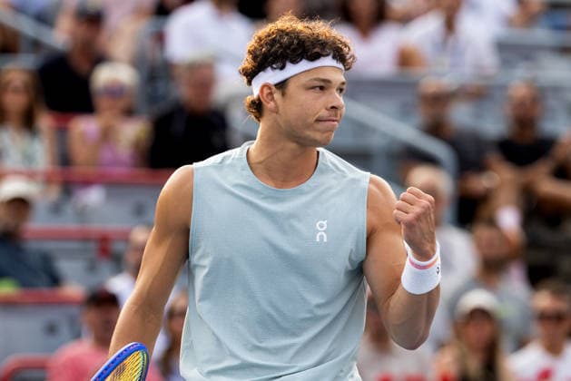 August 9, 2026, Montreal, Quebec, Canada: BEN SHELTON (5) from USA reaction in match against Joao Fonseca (22) from Brazil in round of 16 at Canadian Open at IGA stadium in Montreal, Quebec, Canada on 2026-08-09 TENNIS: Canadian Open Montreal 2026  - ZUMAl189 20260809_zsp_l189_110 Copyright: xYannickxLegarex