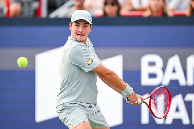 MONTREAL, QC - AUGUST 09: Joao Fonseca (BRA) returns the ball during a fourth round match at National Bank Open on August 09, 2026 at IGA Stadium in Montreal, QC (Photo by David Kirouac Icon Sportswire) TENNIS: AUG 09 National Bank Open EDITORIAL USE ONLY Icon26080909426