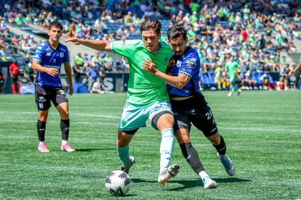 August 9, 2026, Seattle, Washington, USA: Seattle Sounders FC defense Antino Lopez (35) and Quero taro midfielder Jonathan Perlaza (26) during the match between Queretaro and the Seattle Sounders FC in the 2026 Leagues Cup soccer match at Lumen Field, Seattle, Washington Seattle USA - ZUMAj111 20260809_zsp_j111_025 Copyright: xTomxJonesx