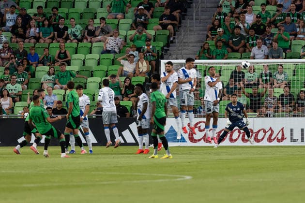 AUSTIN, TX - AUGUST 09: A wall of Puebla defenders leaps as a free kick by foreward Myrto Uzuni 10 of the Austin FC goes around them for his first goal during the Leagues Cup match between Austin FC and Club Puebla on August 9, 2026, at Q2 Stadium in Austin, TX. (Photo by David Buono Icon Sportswire) SOCCER: AUG 09 Leagues Cup Austin vs Puebla EDITORIAL USE ONLY Icon260809003