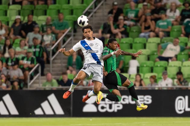 AUSTIN, TX - AUGUST 09: Midfielder Lucas Camilo 34 of Club Puebla and midfielder Joseph Rosales 30 of the Austin FC leap for a header during the Leagues Cup match between Austin FC and Club Puebla on August 9, 2026, at Q2 Stadium in Austin, TX. (Photo by David Buono Icon Sportswire) SOCCER: AUG 09 Leagues Cup Austin vs Puebla EDITORIAL USE ONLY Icon260809012