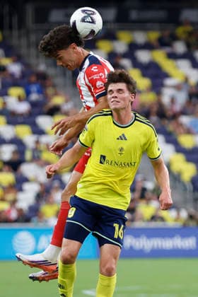 NASHVILLE, TN - AUGUST 09: AtlÃ tico San Luis forward Rafa Llorente (22) goes up for a header over Nashville SC forward Matthew Corcoran (16) during a League™s Cup match between Nashville SC and AtlÃ tico San Luis, August 9, 2026, at GEODIS Park in Nashville, Tennessee. (Photo by Matthew Maxey Icon Sportswire) SOCCER: AUG 09 Leagues Cup Nashville vs Atletico de San Luis EDITORIAL USE ONLY Icon26080923