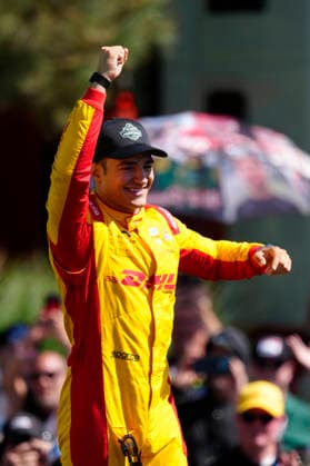 August 9, 2026, Portland, Oregon, USA: Alex Palou, driver of the 10 Chip Ganassi Racing Honda, celebrates on the podium after winning the IndyCar, Indy Car, IRL, USA Grand Prix of Portland at the Portland International Raceway. Portland USA - ZUMAd212 20260809_zsp_d212_008 Copyright: xRichardxDolex