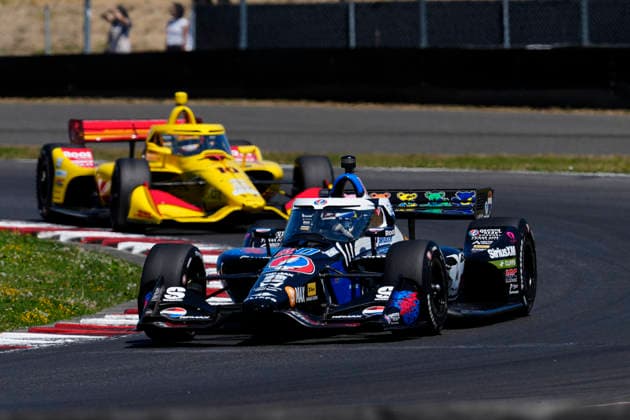 August 9, 2026, Portland, Oregon, USA: Felix Rosenqvist, driver of the 60 Meyer Shank Racing Honda, leads Alex Palou, driver of the 10 Chip Ganassi Racing Honda, during the early laps of the IndyCar, Indy Car, IRL, USA Grand Prix of Portland at the Portland International Raceway. Portland USA - ZUMAd212 20260809_zsp_d212_017 Copyright: xRichardxDolex