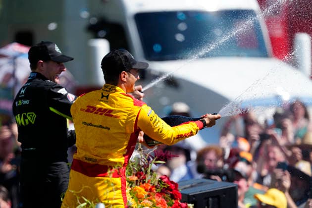 August 9, 2026, Portland, Oregon, USA: Alex Palou, (winner) driver of the 10 Chip Ganassi Racing Honda, and Will Power, (3rd place) driver of the 26 Andretti Global Honda celebrate on the podium at the IndyCar, Indy Car, IRL, USA Grand Prix of Portland at the Portland International Raceway. IndyCar Portland Grand Prix  - ZUMAd212 20260809_zsp_d212_026 Copyright: xRichardxDolex