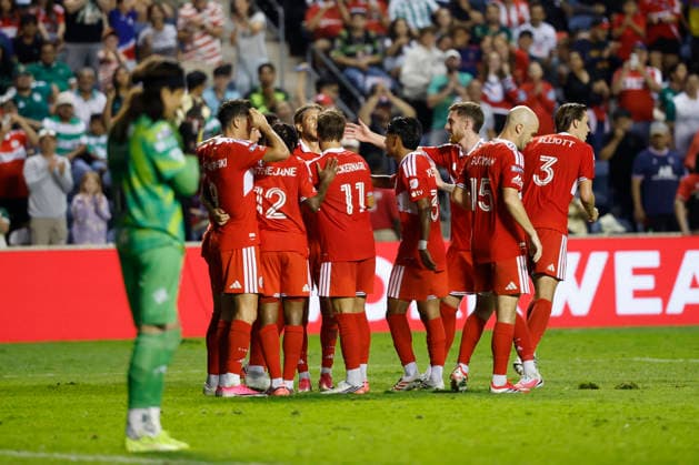 Chicago Fire players celebrate a goal during a Leagues Cup match between the Chicago Fire and Santos at Toyota Park in Bridgeview, USA, 09 August 2026. Leagues Cup: Chicago Fire vs Santos !ACHTUNG: NUR REDAKTIONELLE NUTZUNG!  Copyright: xKamilxKrzaczynskix AME7557 20260810-55021108759_1