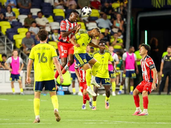 August 9, 2026: Atletico de San Luis midfielder Johan Caicedo (13) heads the ball over the back of Nashville SC midfielder Hany Mukhtar (10) during a Leagues Cup match between Atletico de San Luis and Nashville SC at Geodis Park in Nashville, TN. CSM Leagues Cup 2026: Atletico De San Luis Vs Nashville SC AUG 09  - ZUMAc04_ 20260809_zma_c04_111 Copyright: xStephenxFurstx